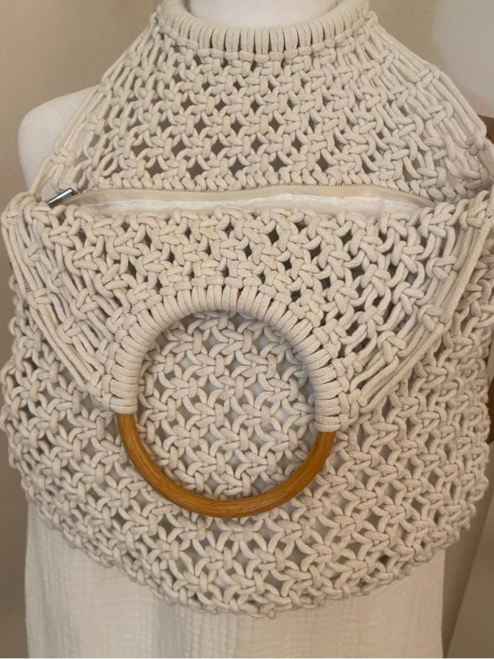 Woven Macramé Crossbody Bag with Wooden Rings - White - Picture 6 of 13